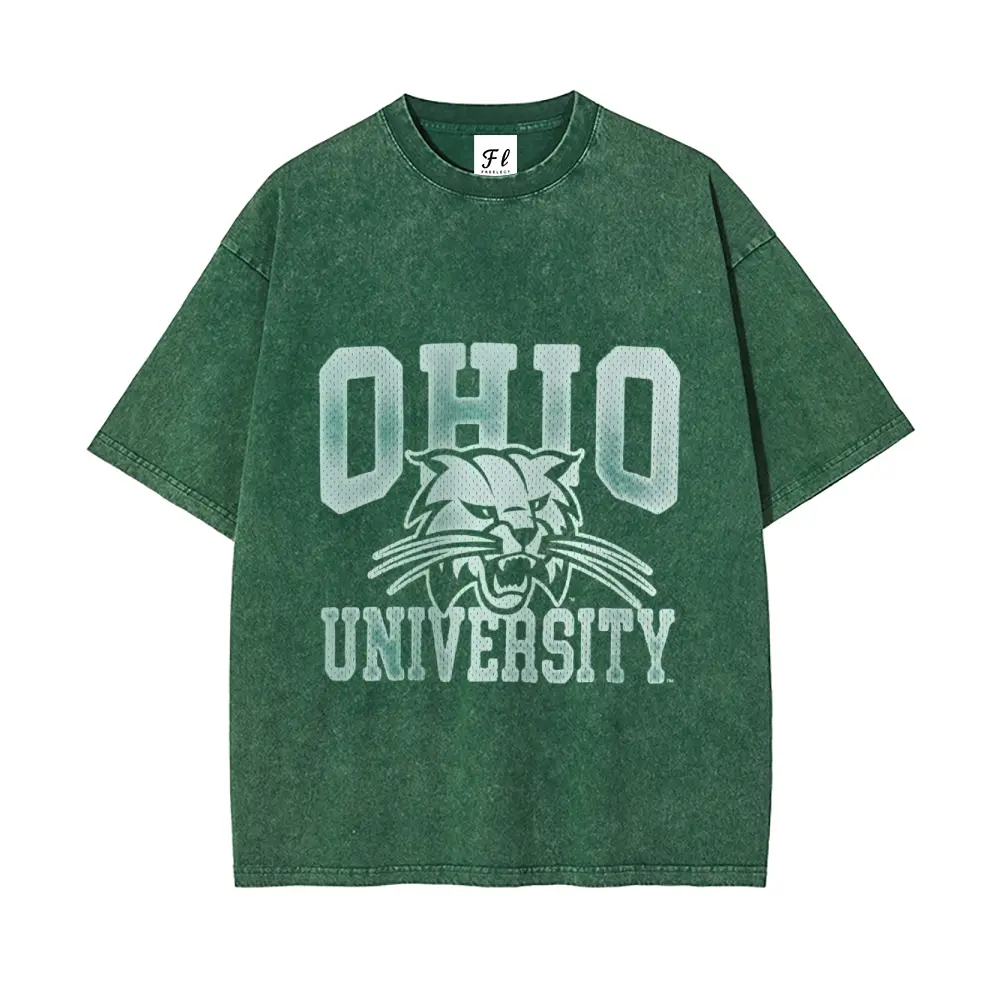 Vintage Washed Ohio University Bobcats Oversized T-Shirt | Green Acid-Washed College Graphic Tee | Retro Game Day Streetwear Casual Top