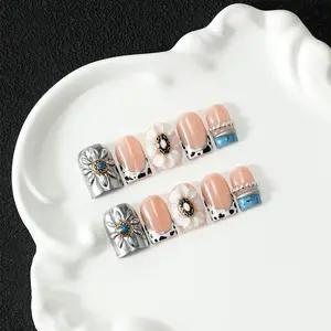 10Pcs 100% Handmade Boho Press On Nails, Vintage Western Style Acrylic Fake Nails, Acrylic False Nails with 3D Silver Flower & Turquoise Detail, Removable Reusable Nail Tips, No Damage, with Tool Kit, Ideal Gift for Women for Daily Party