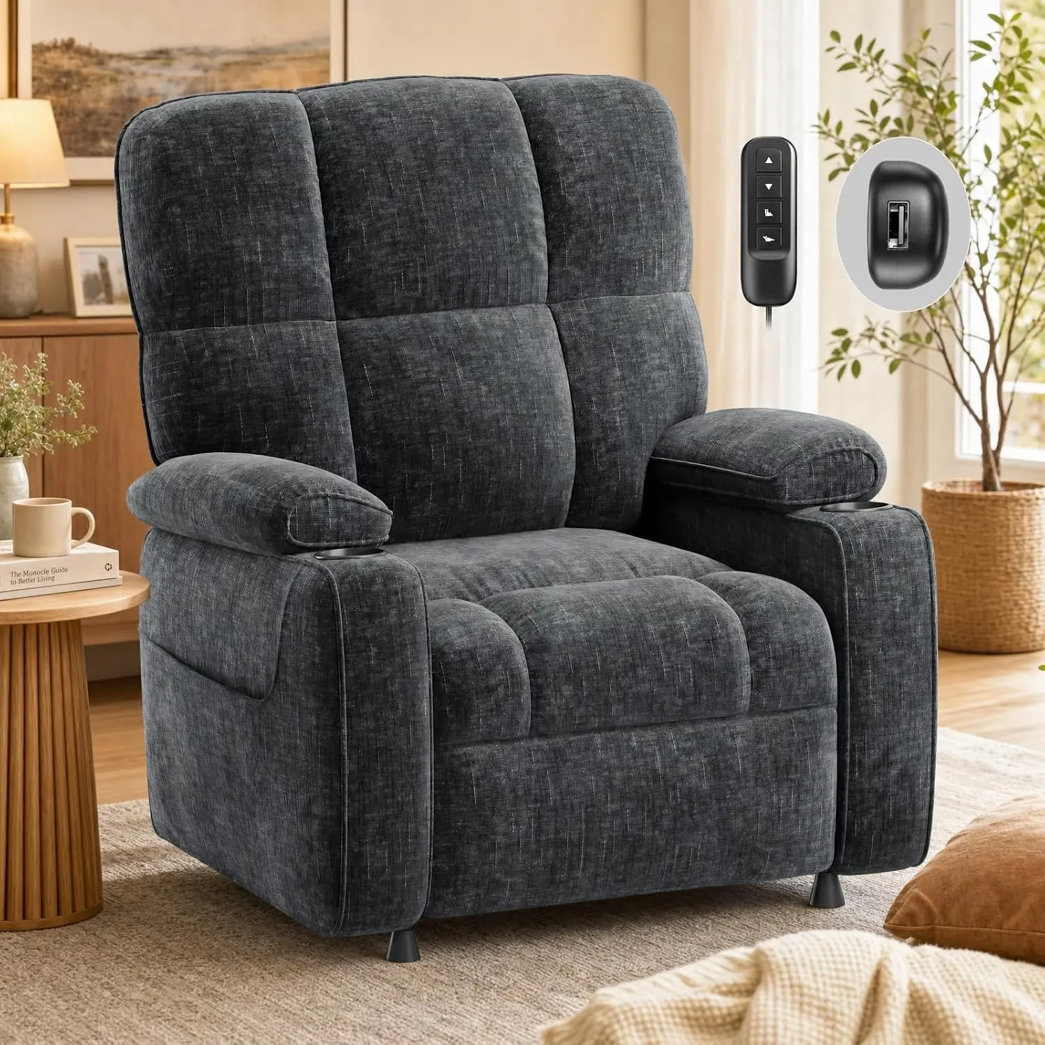 Amada Power Recliner Chair for Adults, One-Touch Synchronized Reclining | Electric Recliner with USB Ports, Cup Holder & Side Pockets, Thick Seat Cushion, Chenille, Living Room & Bedroom, Dark Gray