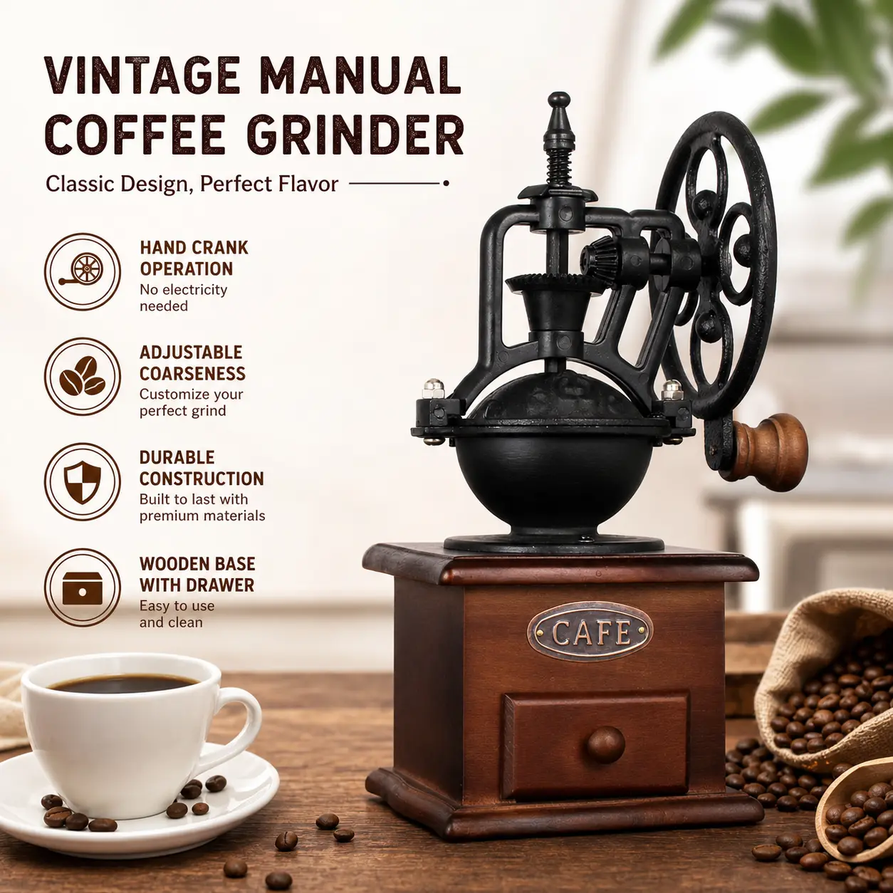 Retro Manual Coffee Grinder With Large Hand Wheel, 3 Adjustable Settings Conical Burr Mill Wooden Base Hand Coffee Bean Grinder For Home Travel Camping
