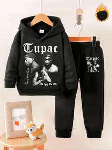 Autumn Winter Baby Boy Fleece Pants Set & Tupac Print Hoodie + Jogger Pants Two-Piece Suit, Cute Hip-Hop Style