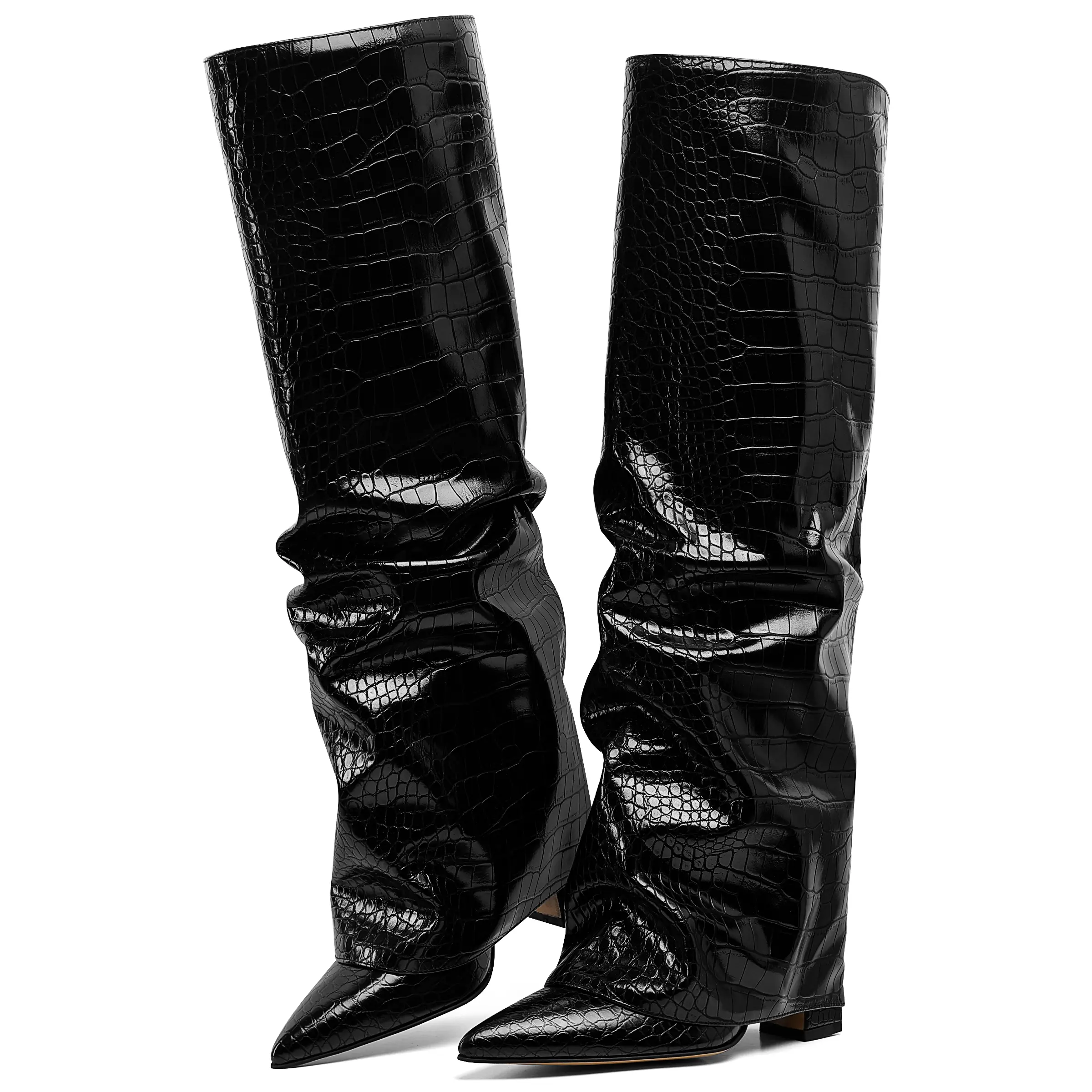 EROCALLI Women's Black Slouchy Knee High Boots Pointed Toe Fold Over Design with Chunky Heel Shark Inspired Fashion Boots
