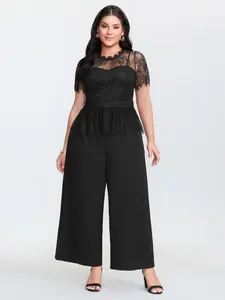 【Summer Turn-Up】BlOOMCHIC Plus Size Sheer Lace Neckline Ruffled Waist Jumpsuit [M-6X] 2026 Summer Pick for Mother's Day