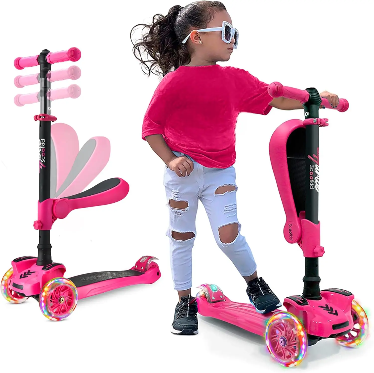 Mini Kids Scooter - Pink | 3-Wheel Kick Scooter with Sit or Stand with Removable Fold-Out Seat, Adjustable Height, LED Wheels, Anti-Slip Deck & Lean-to-Steer Technology - Portable Toddler Scooter for Indoor & Outdoor Play