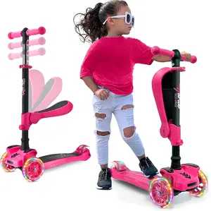 Mini Kids Scooter - Pink | 3-Wheel Kick Scooter with Sit or Stand with Removable Fold-Out Seat, Adjustable Height, LED Wheels, Anti-Slip Deck & Lean-to-Steer Technology - Portable Toddler Scooter for Indoor & Outdoor Play