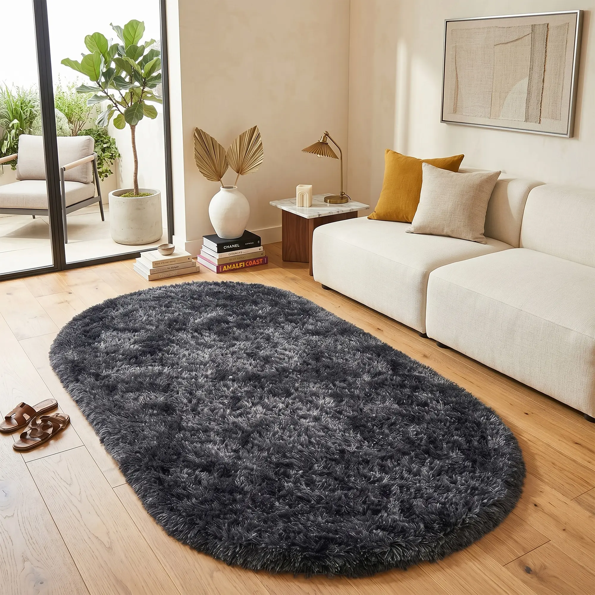 COLLA Super Soft Oval Area Rugs For Living Room, Tie Dye Black Grey Fluffy Furry Shaggy Rug, Upgrade Non-Slip Oval Carpet, Soft Throw Rug For Bedroom, Aesthetic Home Decor