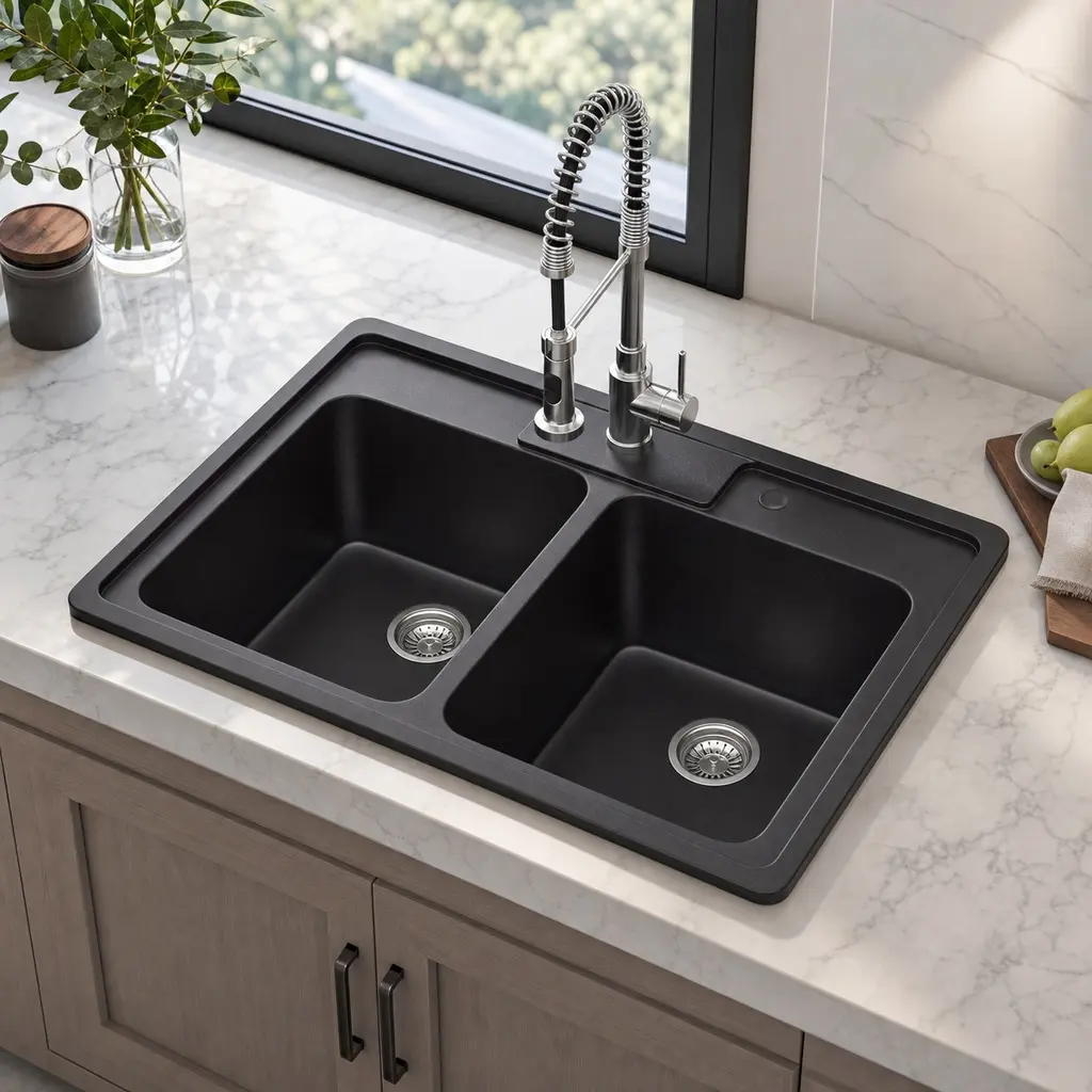 33x22x9 Inch Black Quartz Composite Granite Double Bowl 50/50 Topmount Drop-In Kitchen Sink with Noise-Reducing Design, Non-Porous Hygienic Surface, Includes Drying Rack, Bottom Grids, Strainers, Installation Kit, Black Color Options