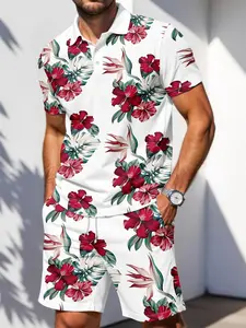 Men's Two-Piece Hawaiian Floral Print Polo Shirt and Shorts Set, Summer Casual Beach Tropical Sports, Slim-Fitting, All Seasons