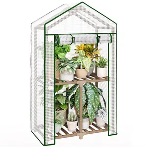 Bamworld Mini Greenhouse Indoor Outdoor 2-Tierd Reusable Portable Warm House with PE Cover Compact Garden and Backyards Portable Rack with Sturdy Eucalyptus Frame Winter-Proof for Plant Protection