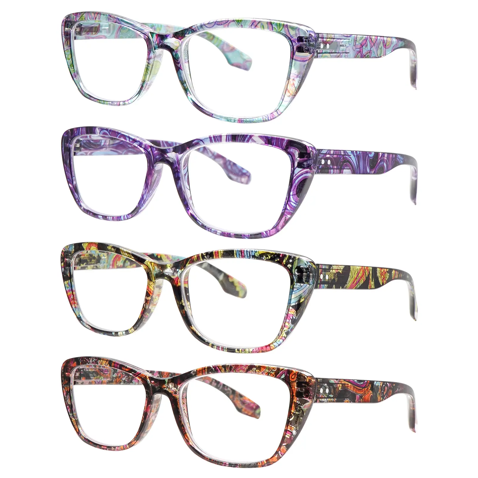 4-Pack Assorted Floral Print Multifocal Reading Glasses Anti Blue Light UV Protection Light Spring Hinge Comfort Frames Relieve Eye Strain Daily Commute Eyeglasses
