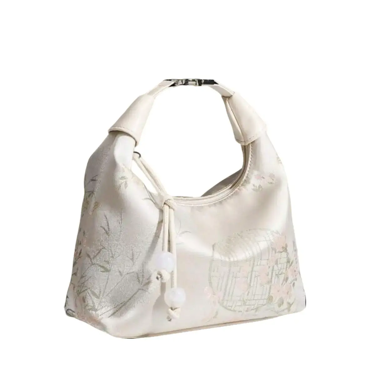 Chinese Style Embroidery Pattern Nylon Tote Bag, White Shoulder Crossbody Bucket Bag, Underarm Bag, Purse Clutch for Women, Suitable for Shopping, Dating, Women's Gift