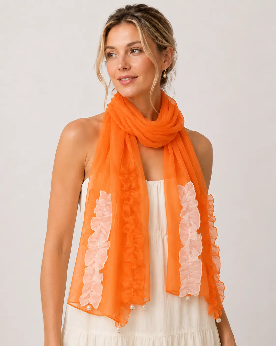 Women's Breathable Lightweight Chiffon Scarf - Long Length, Ruffled Edges, Pearl Tassel Accents, Elegant Fashion Wrap for Female Evening Wear, Special Events, Year-Round
