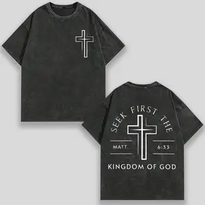 GLEC Christian Faith Graphic T-Shirt 'First Seek The Kingdom Of God' Classic Retro High Street Style Cross & Letter Print Premium 230g Washed Cotton Perfect for Summer Casual Wear Fashion Menswear Top Distressed Man Tshirt Black Round Neck Shortsleeve