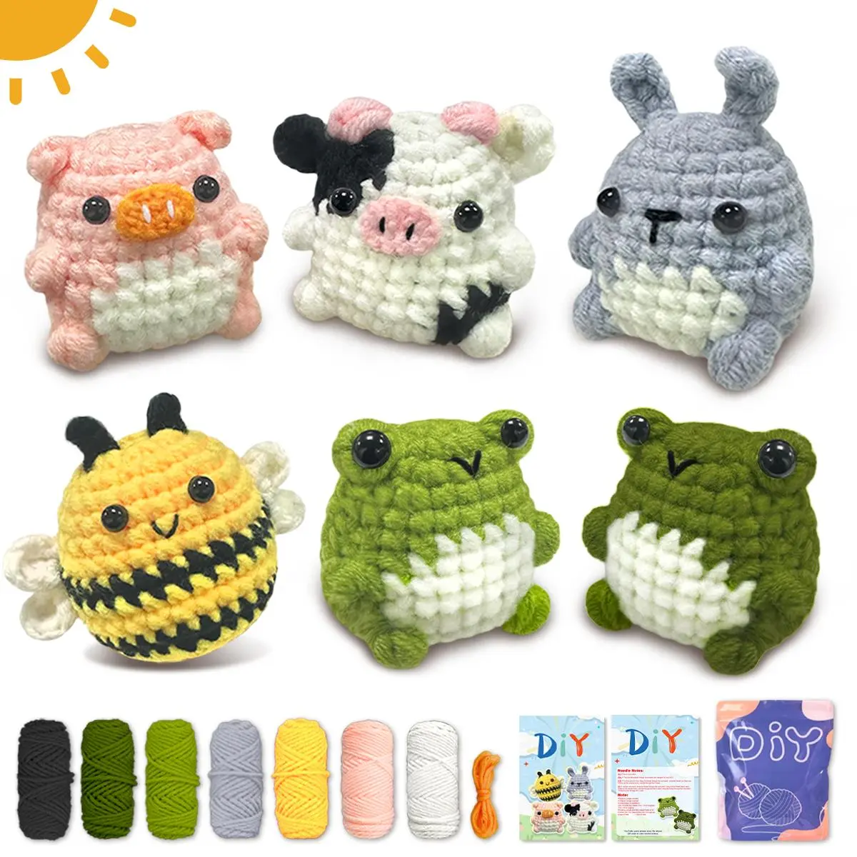 Animal Crochet Kit for Beginners, Amigurumi Crochet, 6 Counts/set Cute Crochet Kit with Crochet Hooks & Animal Crocheting Knitting Set with Step-by-step Video Tutorials