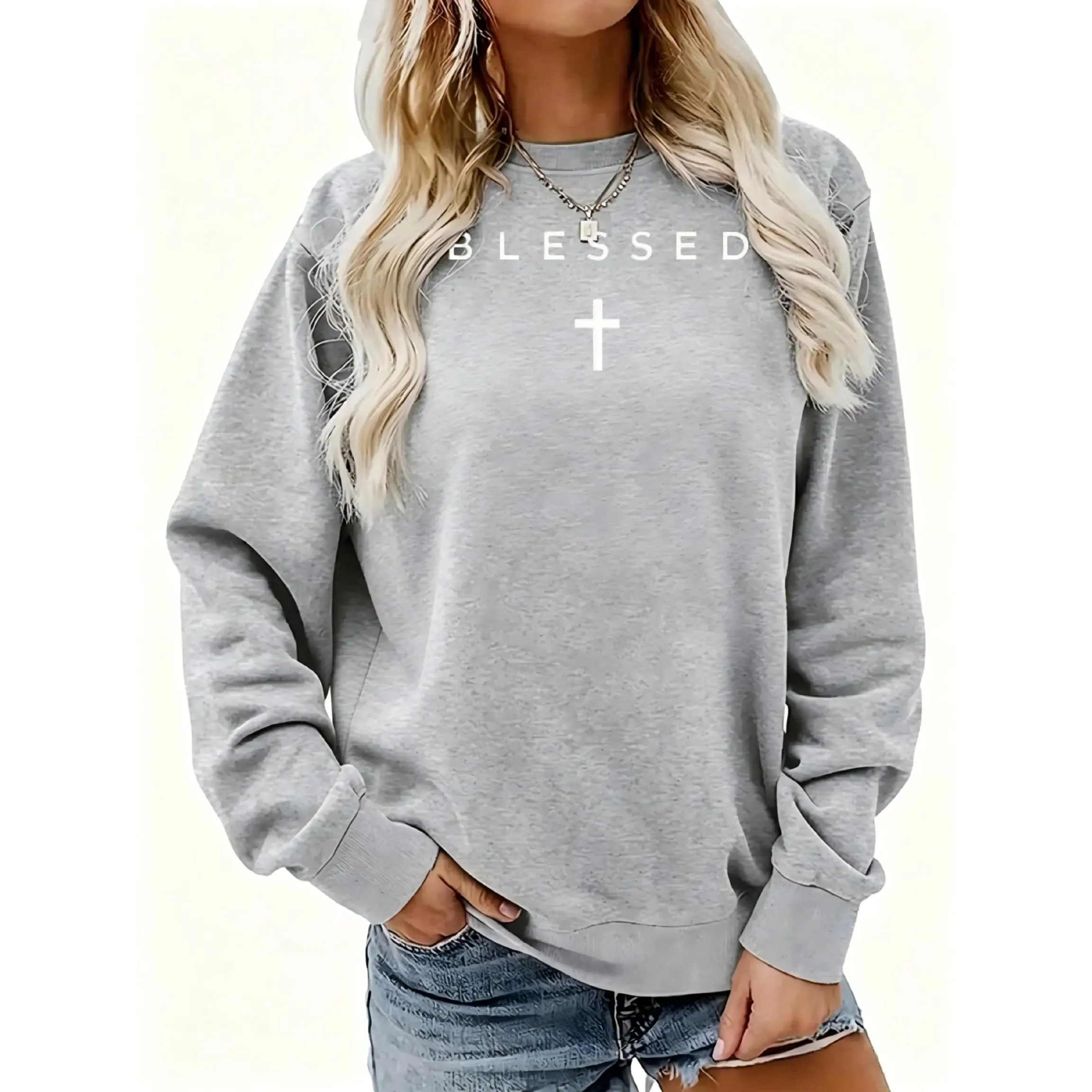 Women's Blessed Cross Graphic Print Design Crewneck Sweatshirt | Soft Stretchy Long Sleeve Pullover | Cozy Fall Layering Essential For Casual Daily, Office & Streetwear Looks