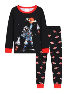 Round Neck Long Sleeve Knit Pajama Set, Astronaut Print, Casual Loose-Fit, All Seasons, Daily Wear and Play