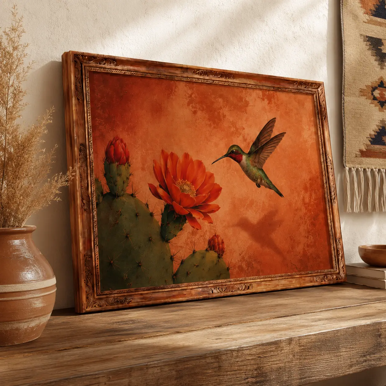 Mexican Hummingbird Wall Art, Cactus Flower Poster, Vintage Southwest Desert Print, Rustic Boho Living Room Decor, Gift for Bird Lovers