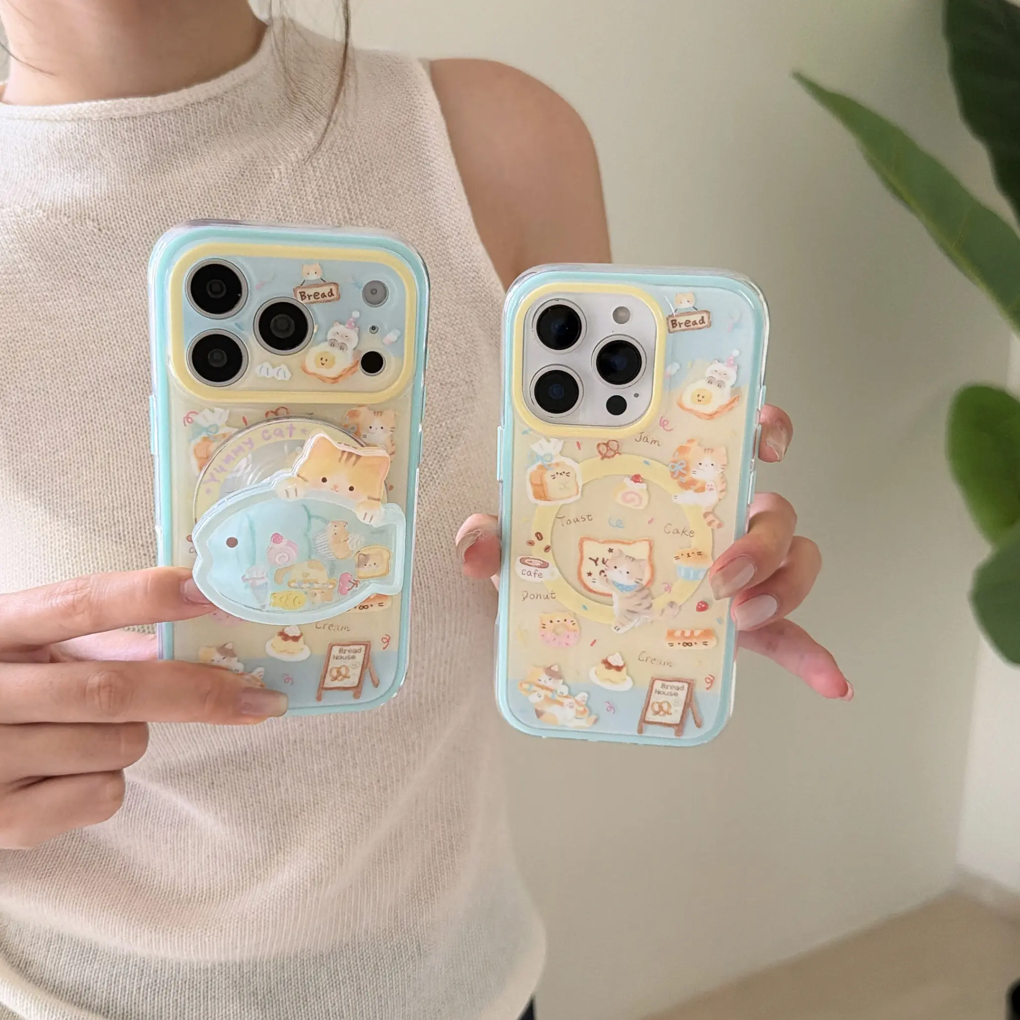 2-in-1 Magnetic Phone Case Cute Bread Hugging Cat Drip Glue Shaking Stand Shockproof Cover For iPhone15 16 Pro Max 17 Pro 17 Pro Max Protective Smartphone