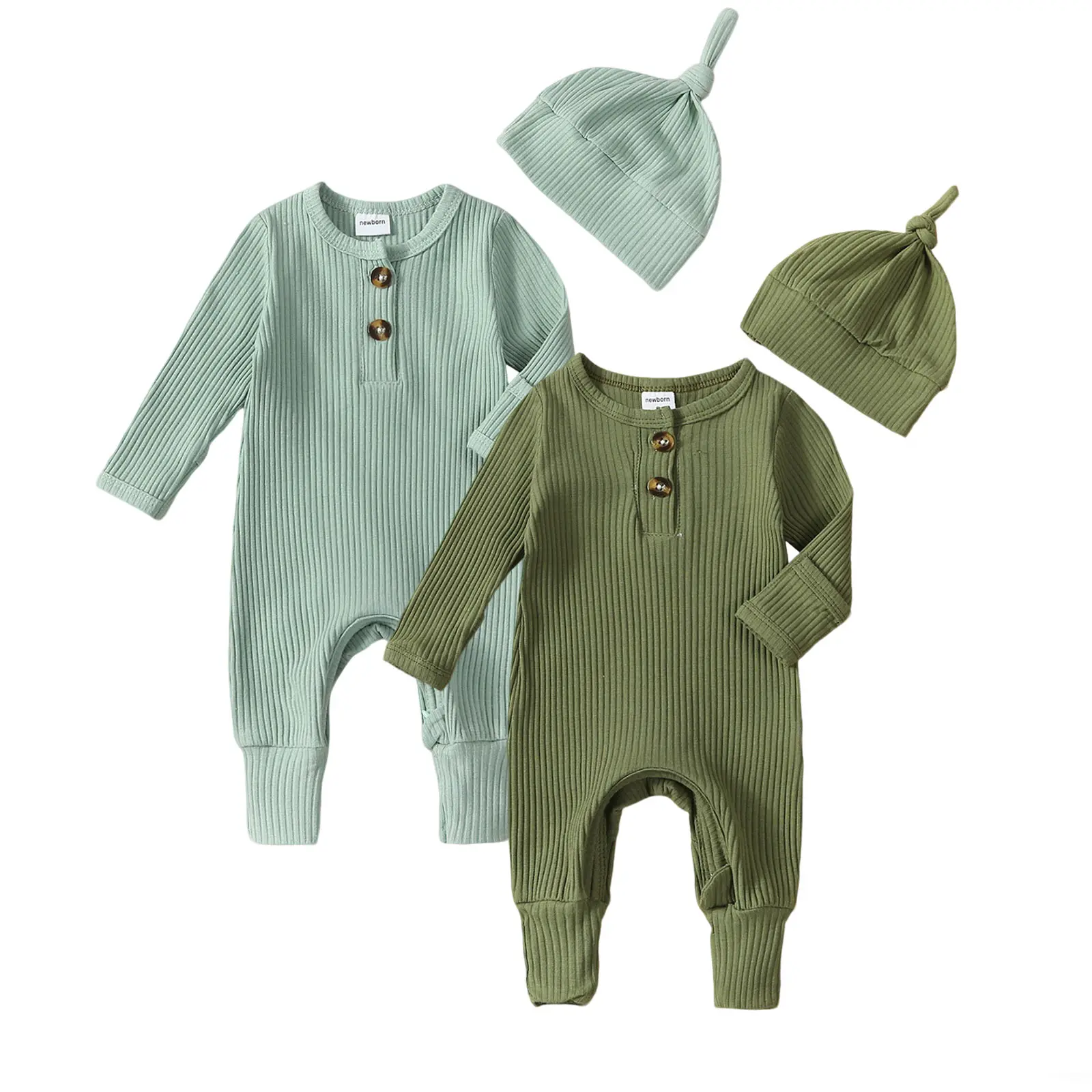 Newborn Preemie 2 Piece Outfit Solid Color Long Sleeve Round Neck Jumpsuit and Hat Set