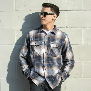 Gunthers Co Menswear Men's Classic Collared Checked Longsleeves Button-Front Birch Flannel Shirt - Navy Cream Plaid Cotton Casual Top with Stitched Hem