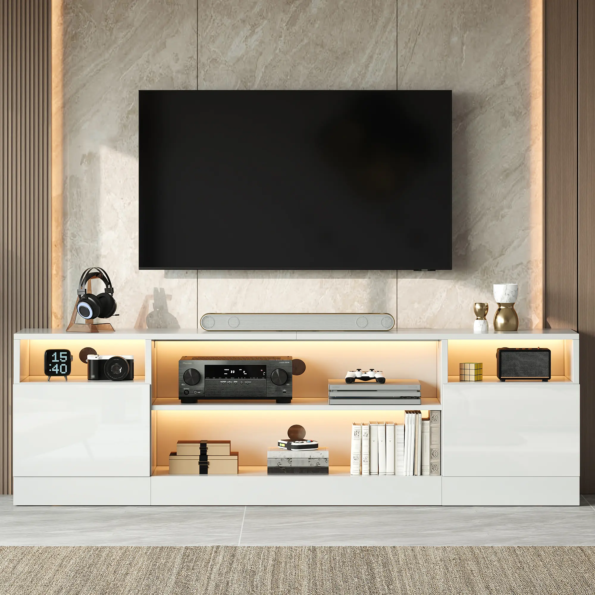 [SummerSale] AMERLIFE 70" LED TV Stand for TVs up to 80", Modern Entertainment Center with Storage Cabinets & Open Shelves, High-Gloss TV Console for Living Room, Bedroom