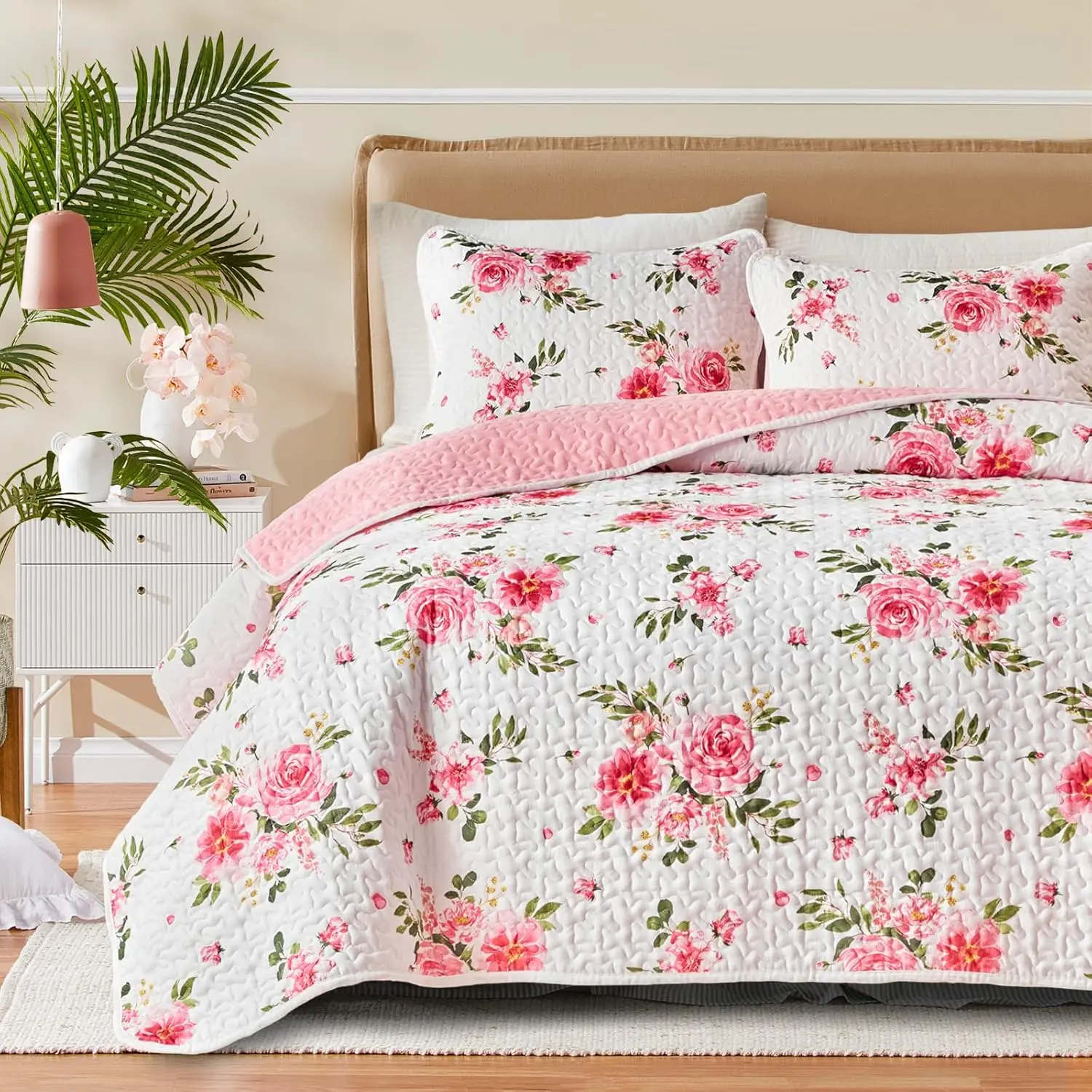 Full Queen 88x88 in 3-Piece Synthetic Quilt Bedding Set (Quilt + 2 Pillow Shams) - All-Seasons Reversible Microfibre Floral Coverlet, Breathable, Soft, Lightweight, Durable, Machine Washable for Summer, Farmhouse Botanical Bedroom Decor, Bedspreads Coverl