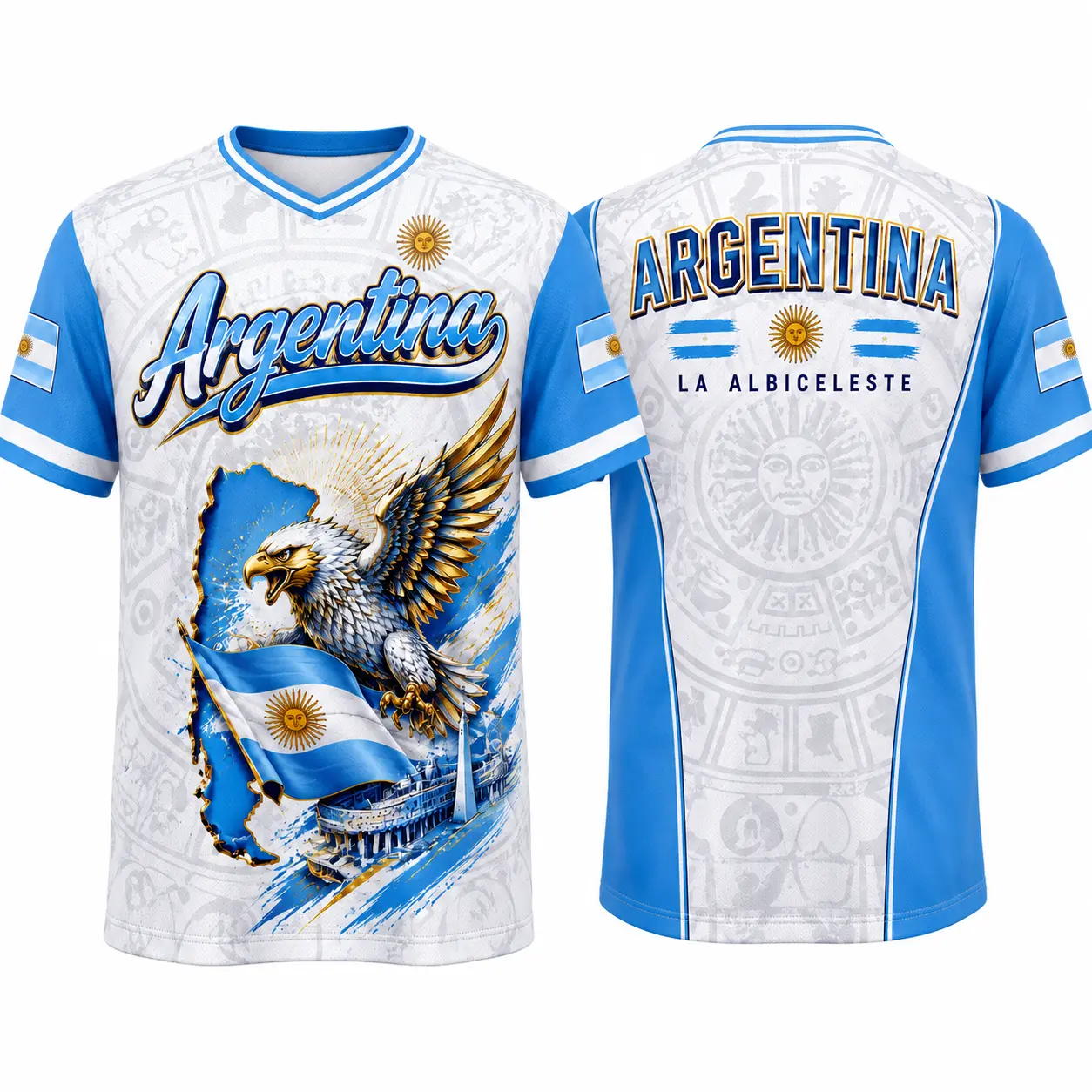 Argentina 2026 Eagle Crest Soccer Jersey - Blue & White Aztec Pattern Design Vintage-Inspired Football Fan Shirt for Men, Short Sleeve Sports Tee, Breathable Casual Match Day Shirt