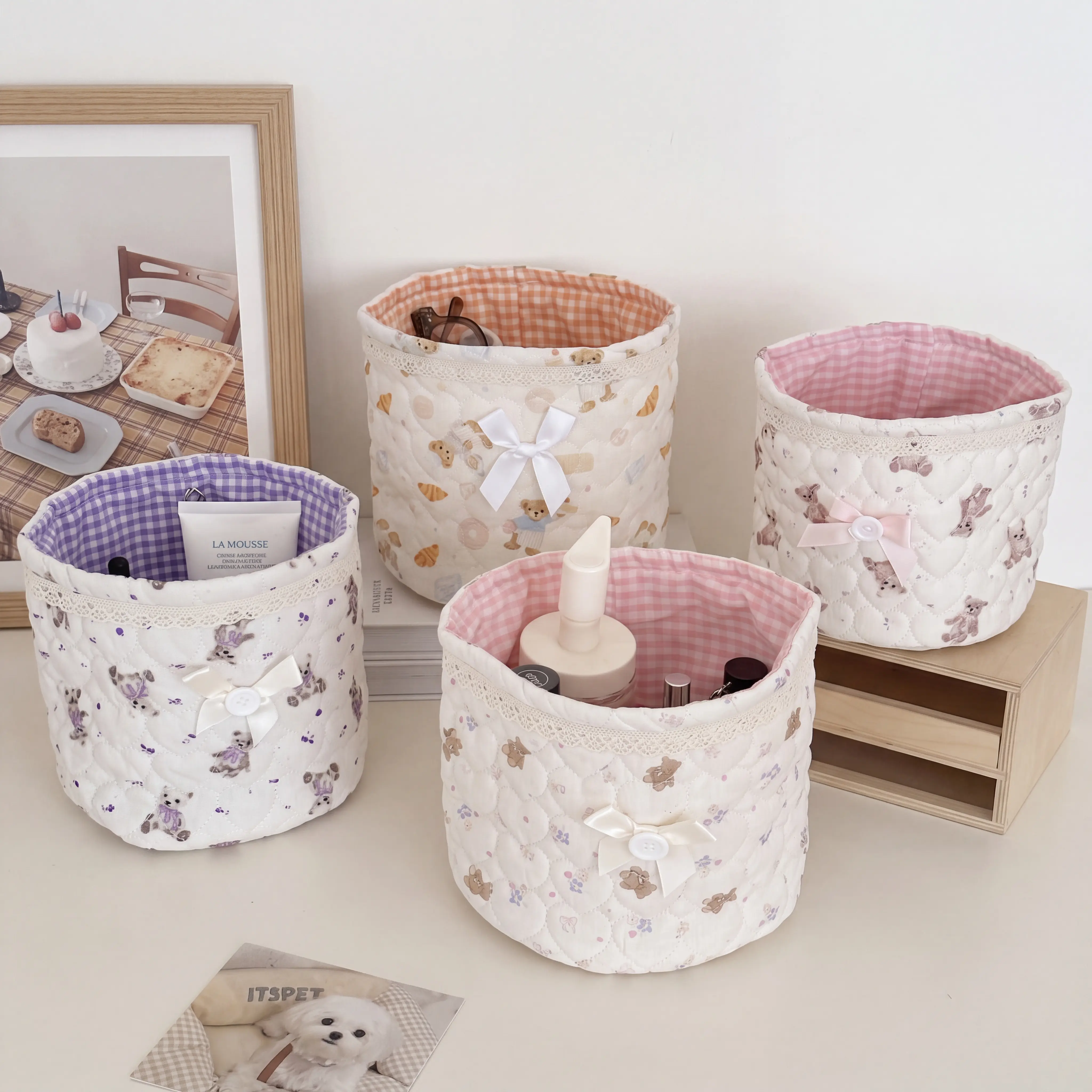 Cartoon Bear Round Quilted Decorative Storage Basket, Synthetic Fabric with Plaid Lining, Holiday Room Storage Bin - Girly Desktop Organizer That Retains Shape, Soft Yet Substantial, Full Kawaii/Coquette Aesthetic
