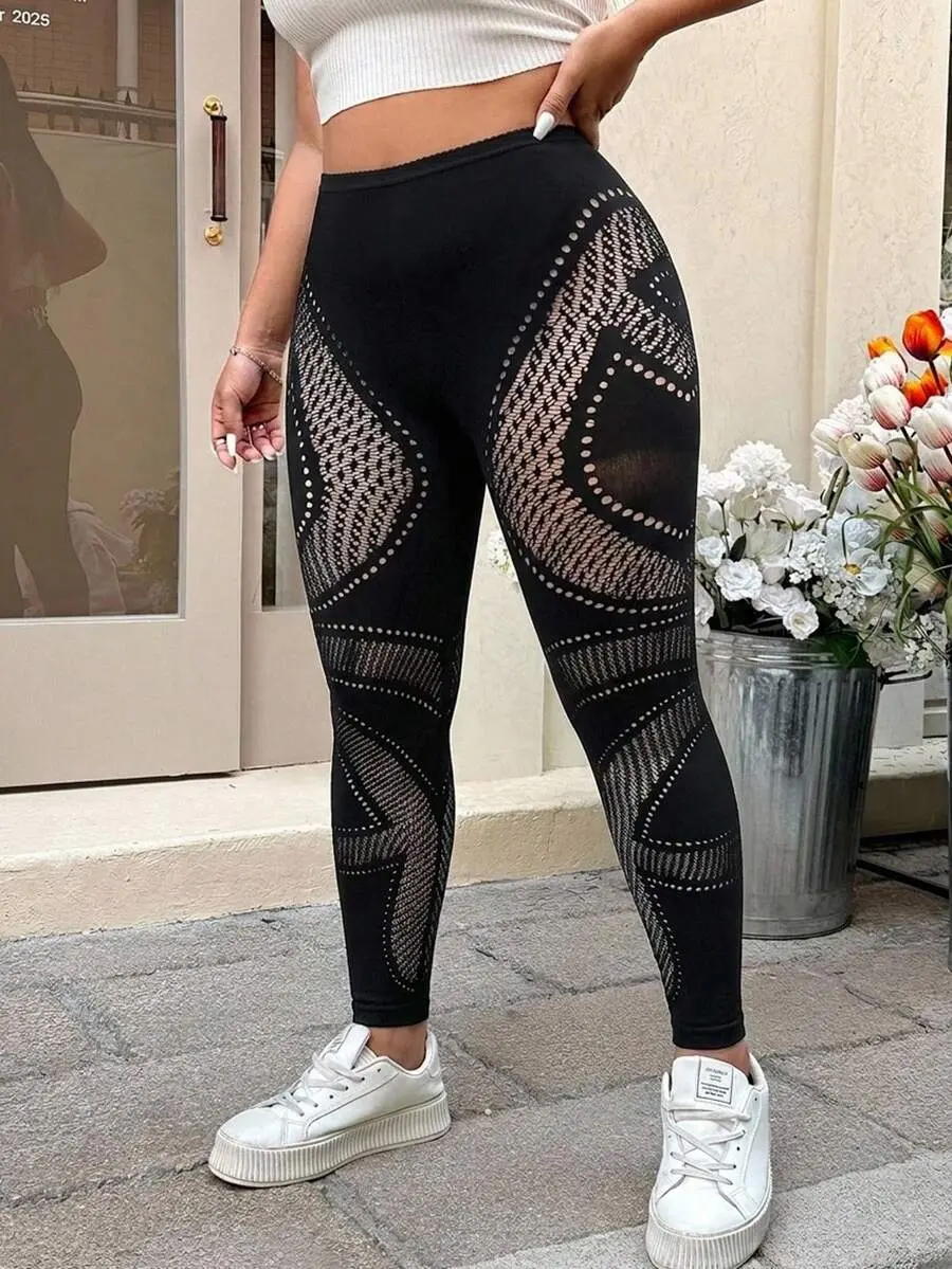 Plus Size Women High Waist Hollow Design Casual Leggings