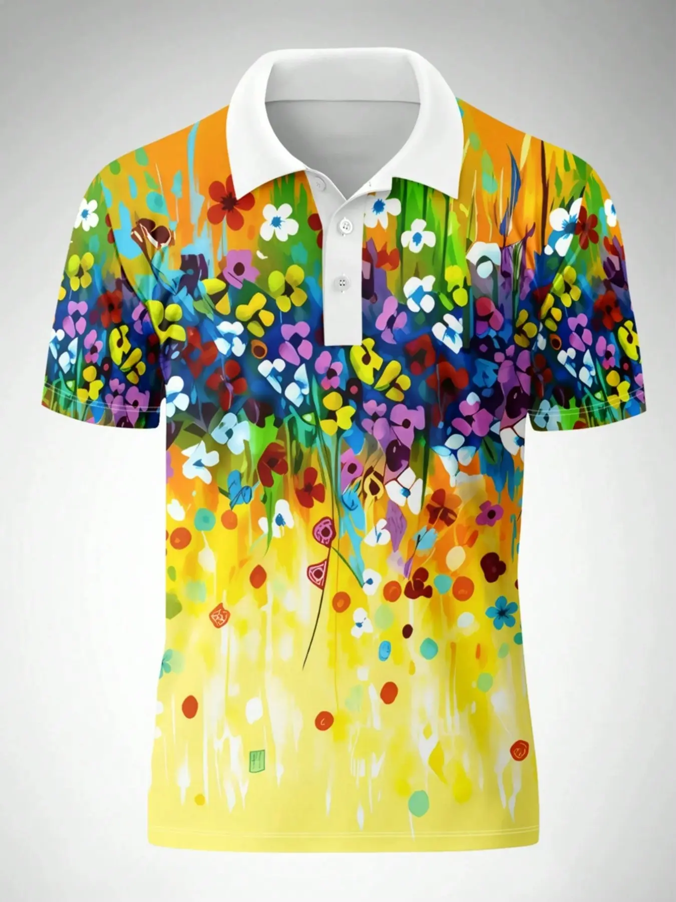 Men's Summer New Style Printed Lapel Breathable Cool Polo Shirt, Loose Fit Slimming Breathable Short Sleeve Casual Top, Watercolor Floral Print, Breathable Polo Shirts