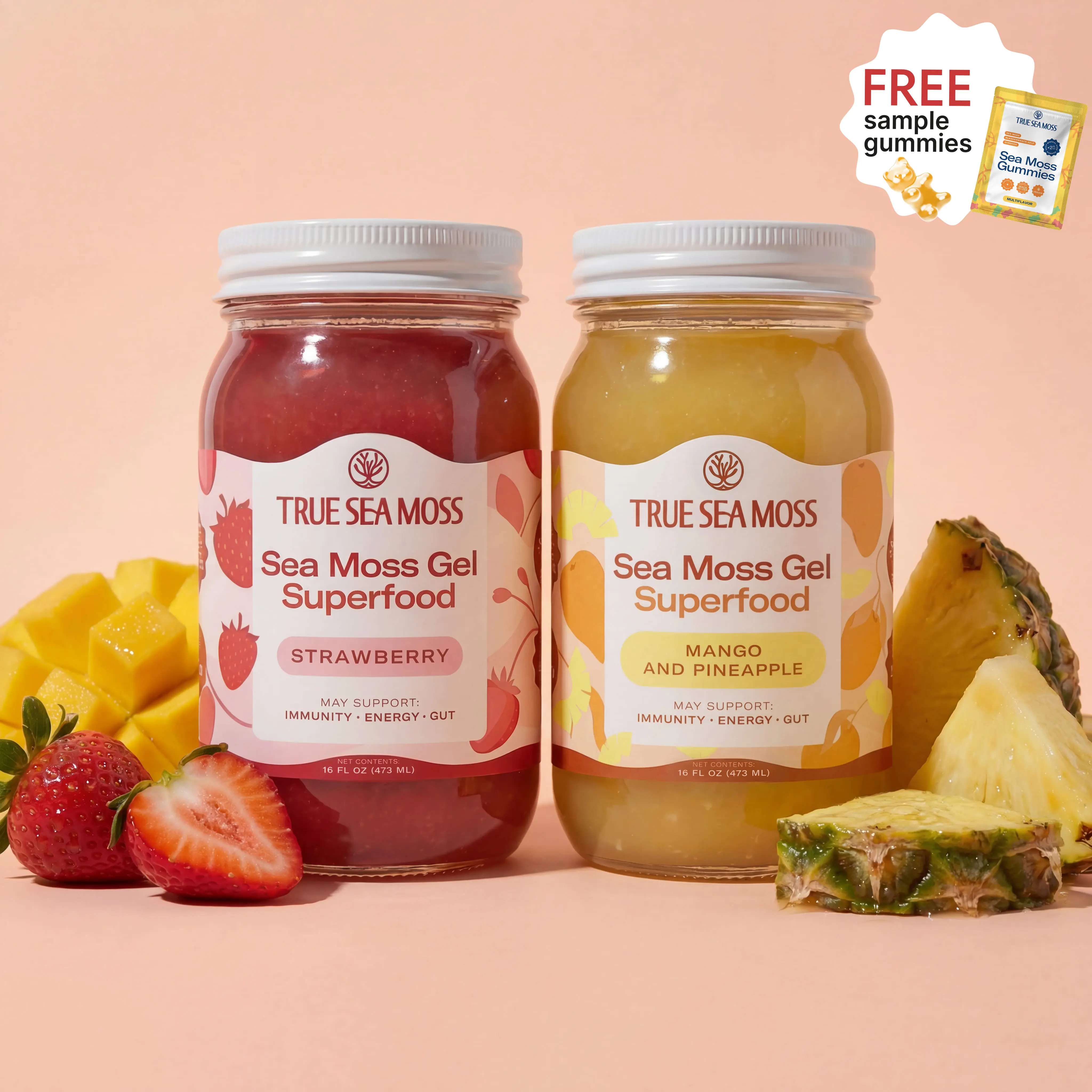 True Sea Moss Gel 2-Jar Bundle: Mango-Pineapple & Strawberry – Rich in Essential Minerals & Vitamins – supports overall vitality