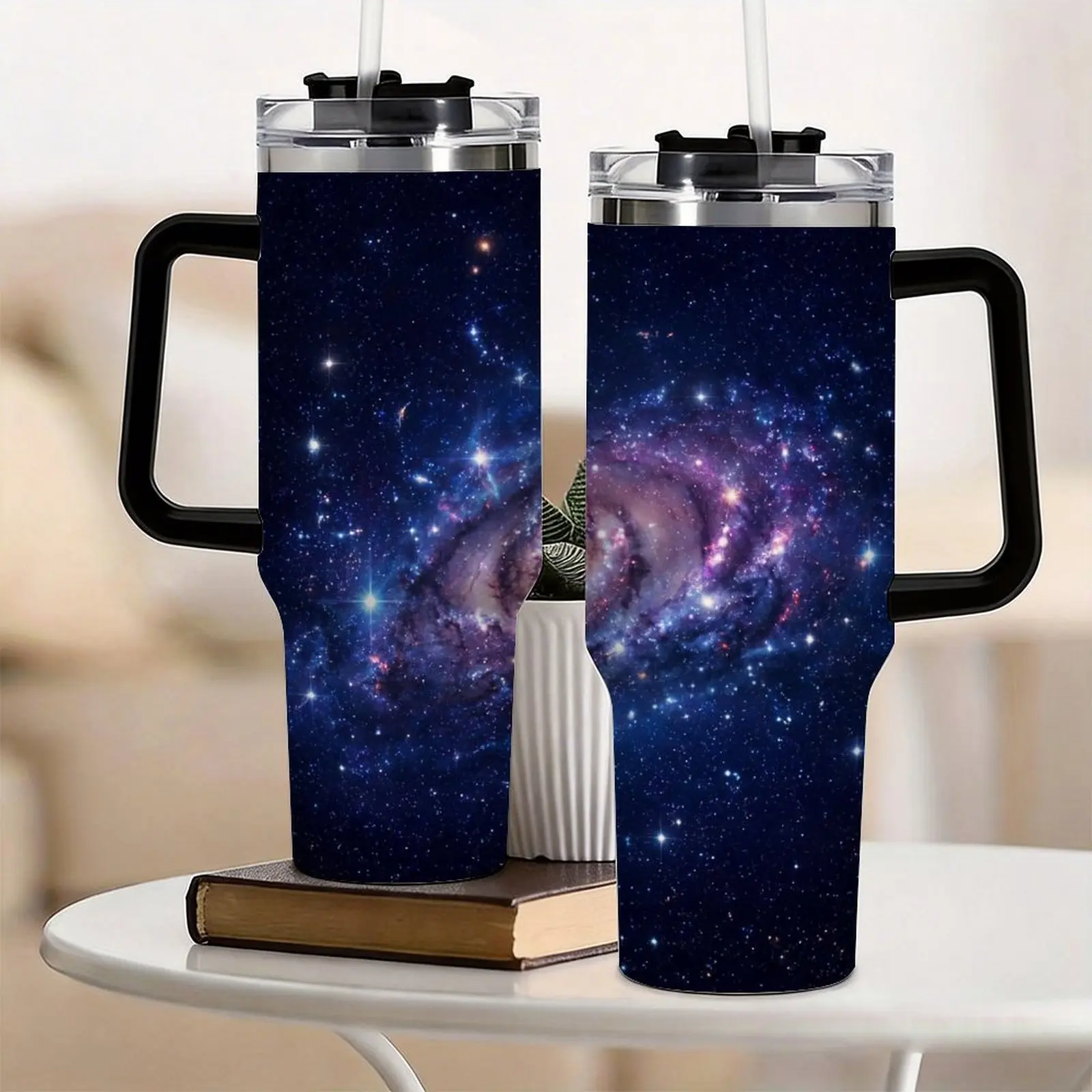 Realistic Spiral Milky Way Galaxy 40oz Tumbler With Handle, Deep Outer Space Astronomy Themed Insulated Cup, Leakproof Stainless Steel Travel Mug, Hot Cold Beverage Retention, Perfect Gift For Men Astronomy Lovers Geeks Car Truck Outdoor Camping