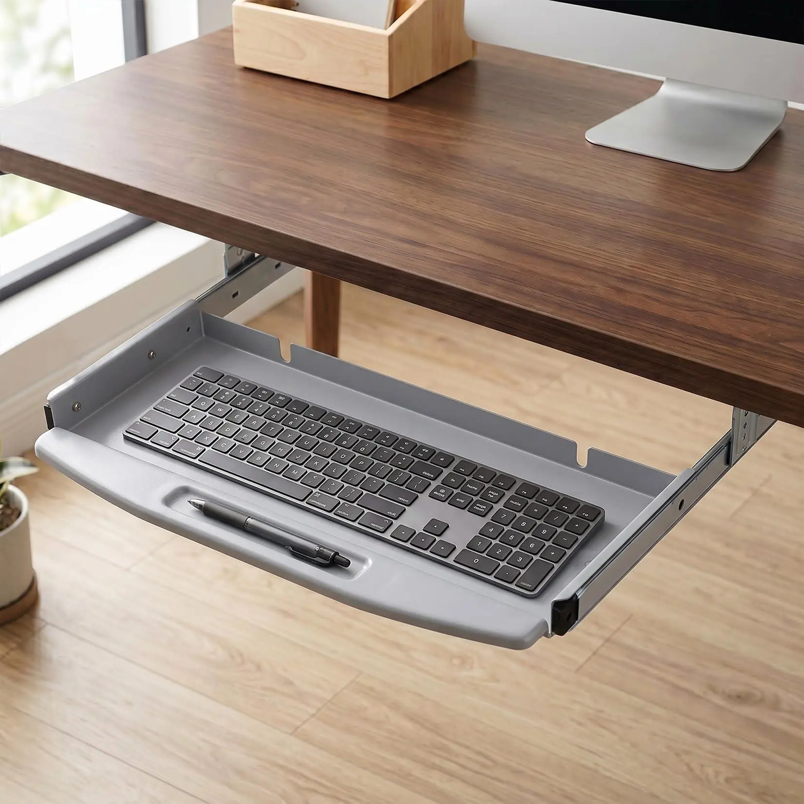 Gray Heavy-Duty Steel Under Desk Keyboard Tray - 19 in Metal Pull-Out Drawer with Smooth Slides, Space-Saving Holder for Desks Over 22 in Wide (No Mouse Platform)