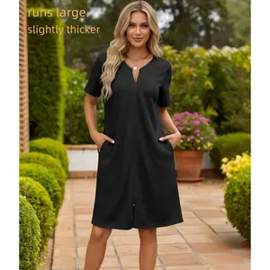 Women Zipper Robes Waffle Short Bathrobe Lightweight House Coat with Pockets Soft Nightgown lightweight