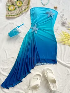 Summer Gradient Blue Bustier Dress, Asymmetrical Mesh Mermaid Skirt, Sequin Star Beach Dress, Fitted Sexy Short Dress, Party & Vacation