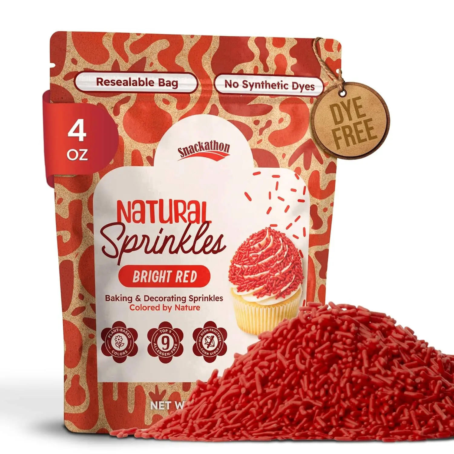 Snackathon Natural Sprinkles for Baking & Decorating, Dye-Free Red Sprinkles, Jimmies in Resealable Bag - Naturally Colored, No Artificial Dyes, Gluten-free for Cakes, Cupcakes & Ice Cream