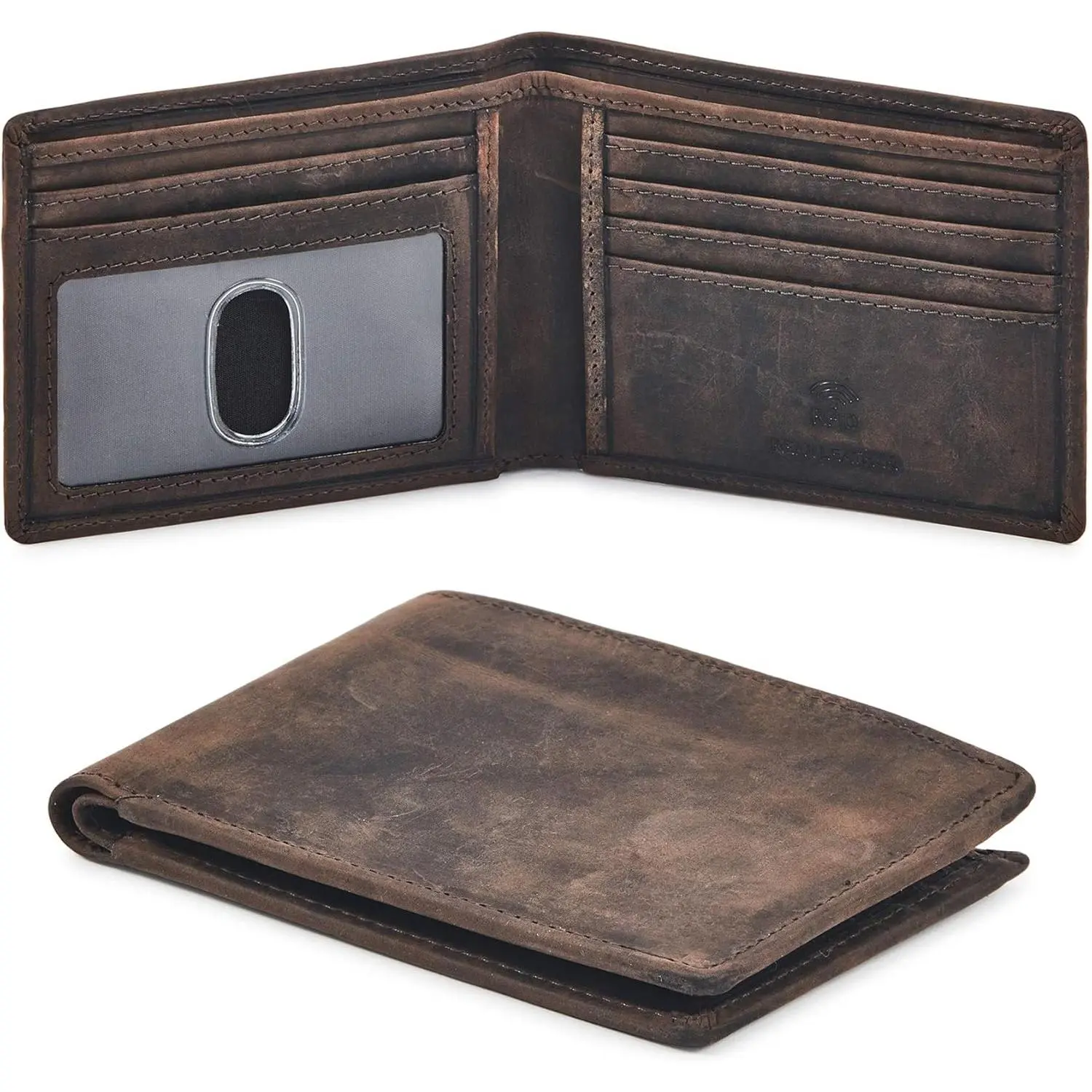 Men's Bifold Wallet in Coffee Crazy Horse Leather - Slim Minimalist RFID Blocking with Quick Access ID Window, Comes in a Gift Box, Id Window Speeds Up Quick Checks