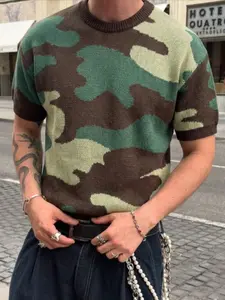 Spring Summer Camouflage Patchwork Knitted Top, Casual Loose Fit Short Sleeve Sweater, Comfortable Street Style for Daily Wear
