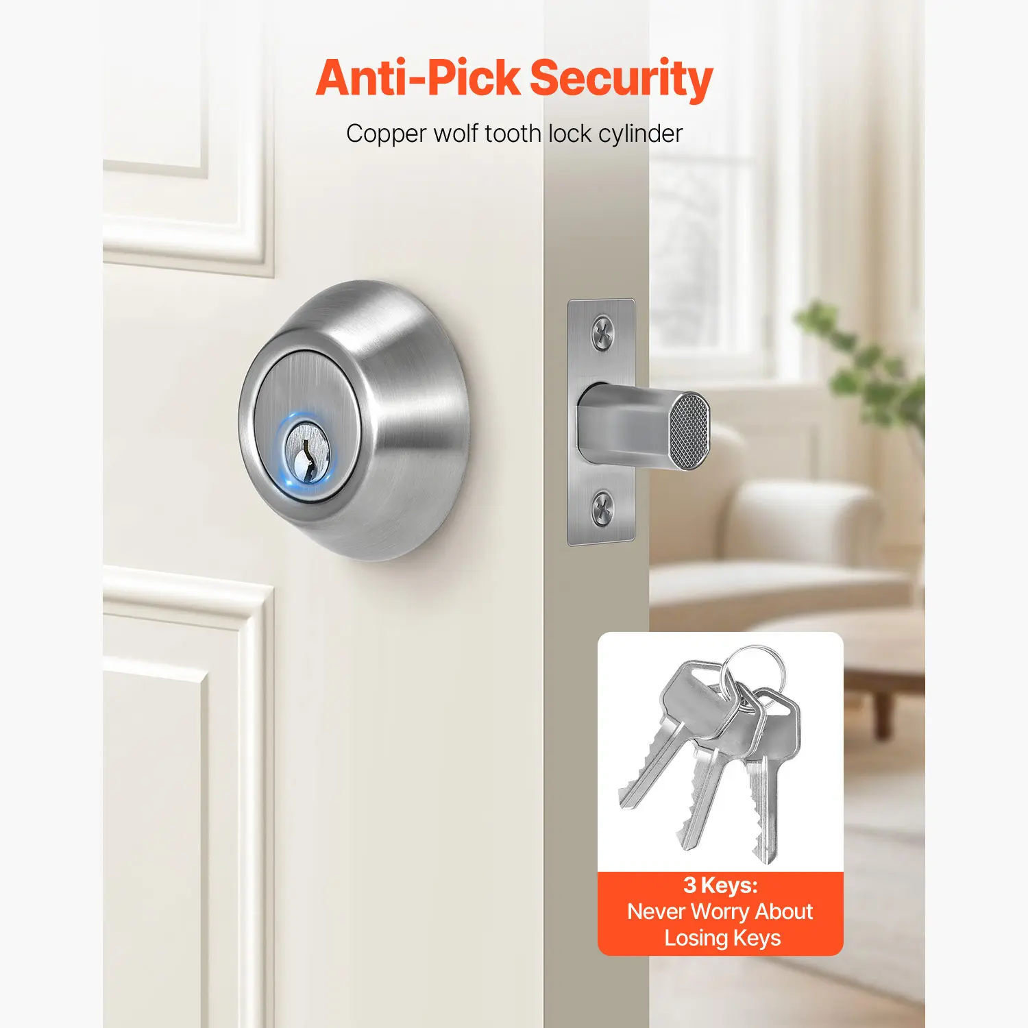 Satin Nickel Round Single Cylinder Deadbolt Lock - Keyed 1 Side with 3 Keys, Adjustable Latch, All-Metal Security Lock for Residential & Commercial Entry Front Doors