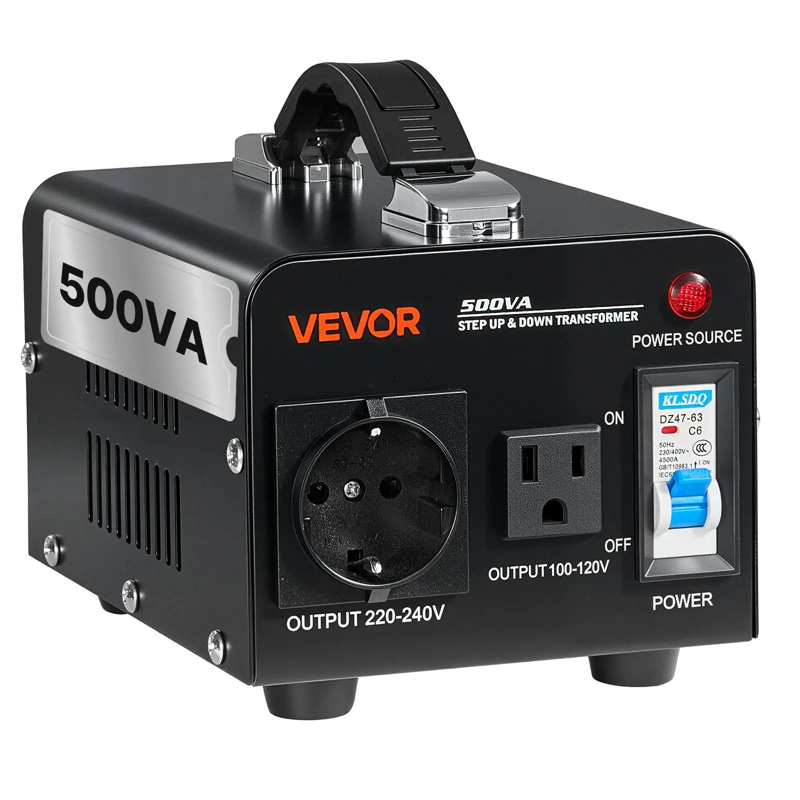 VEVOR 500VA Heavy Duty AC Voltage Converter Transformer, 110V-220V Switch, Travel-Friendly, Overload Protected, 5A Guard, Circuit Breaker, Compact Metal Housing, Top Handle, US-EU Dual Outlets, Power Cord, Near-Silent Run