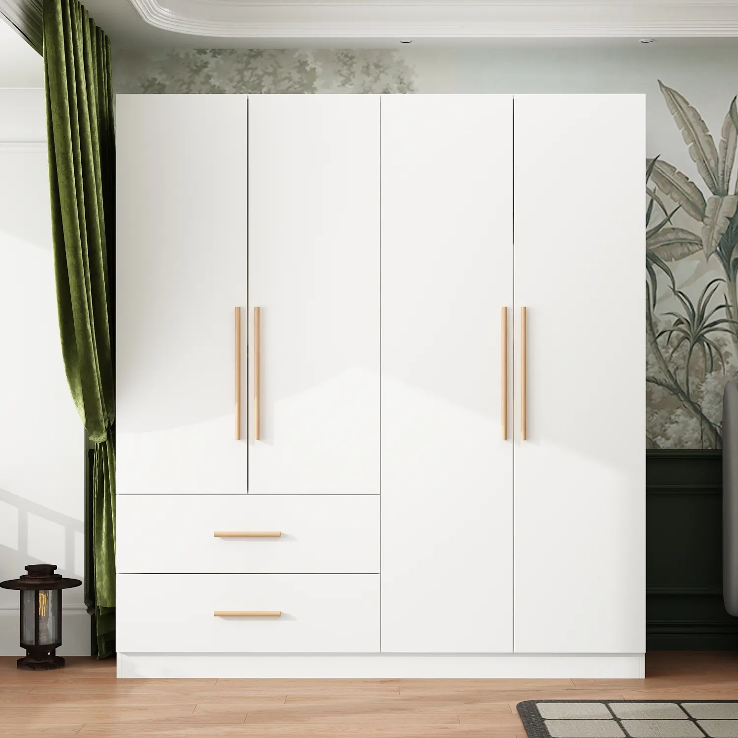FUFU&GAGA Large 4-Door Freestanding Wardrobe Armoire - Wardrobe Closet System with MDF Wood, Drawers & Rods, Hidden Shelves, Type C Design, 15-20 Kg Capacity, Assembly Required, Bedroom Organizer for Hiding Bags & Lotions, Modern, Wooden Bedroom Wardrobe,