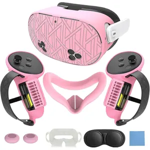 Silicone Cover Set for Meta/Oculus Quest 3s Accessories Includes VR Case Cover Face Interface Cover Upgraded Battery Opening Controller Grip Cover Lens Cap Protector Disposable Eyecup (Pink)