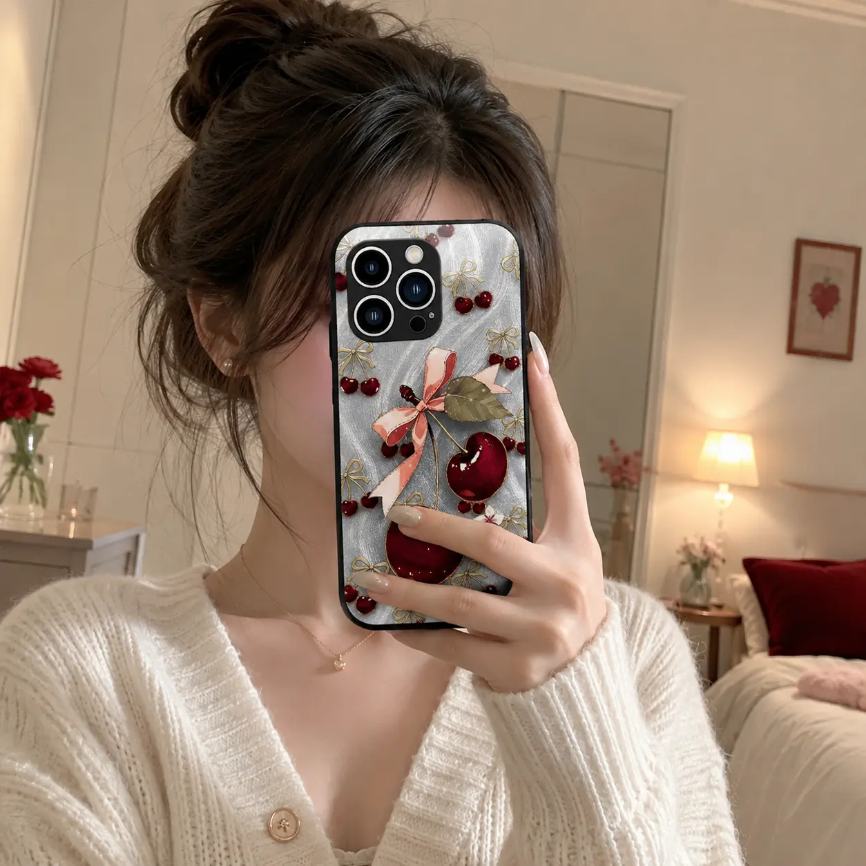 Cute Cherry Bow Phone Case, Coquette Aesthetic Glossy Cover for iPhone 17/16/15/14/13/12 Pro Max and Samsung S26/S25/S24/S23 Ultra — 975