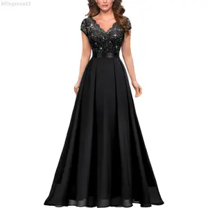 Women's Elegant V-Neck Cap Sleeve Sequined Floral Lace Formal Party Maxi Dress (X-Large, Black)AEleqanza22