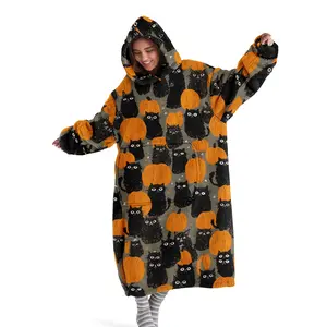 Cat Pumpkin Hooded Blanket, Cozy Hooded Blanket, Soft Warm Throw for Sofa Bed Office Camping Travel, Halloween Christmas Gift, Large Size