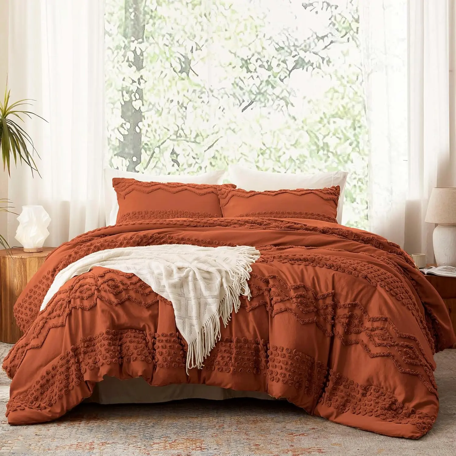 Terracotta Boho Tufted Comforter Set Full Size 3 Pieces Boho Comforter Farmhouse Embroidery Bedding Set Soft Comforter for All (Terracotta, 80''x90'')