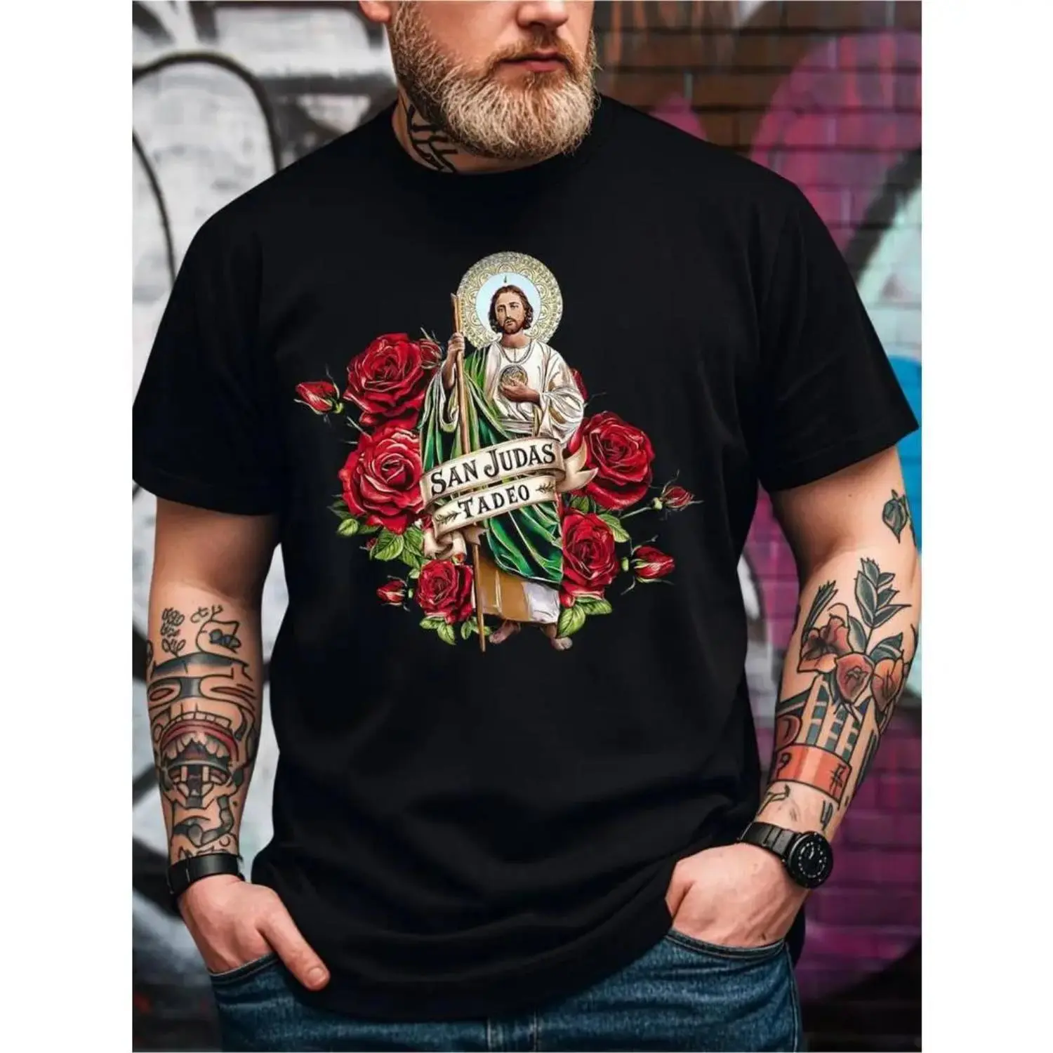 Women's San Judas Tadeo Print Tshirt, Relaxed Fit Shortsleeve Top with Round Neck, Ultra-Soft Breathable All Seasons Wear, Athletic, Machine Wash, Graphic Print, Crew Neck, Casual, Classic Cut, Clothes, Apparel T Shirt, Jeans‑To‑Blazer