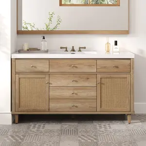 60" Bathroom Vanity with SMC Sink, Modern Large Storage Bathroom Storage Cabinet with Soft Close Drawers and Rattan Doors, Silver Metal Knobs and 5 Pine Legs, Natural