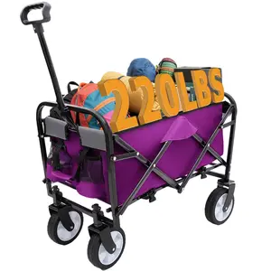 Strap Collapsible Wagon, Wagons carts Foldable with Strapping System, Beach Wagon with Big Wheels, Heavy Duty Foldable Wagons, Portable Utility Outdoor for Grocery,Shopping,Garden,Sports (Purple)