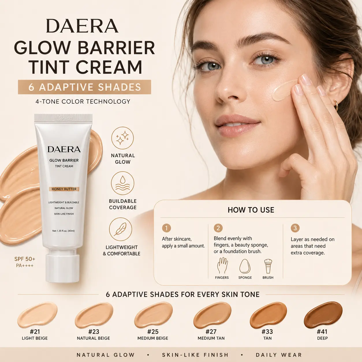 DAERA 6-Shade Glow Barrier Tint Cream 40ml | Lightweight K-Beauty Skin Tint with 4-Tone Color Technology, Buildable Coverage & Natural Glow